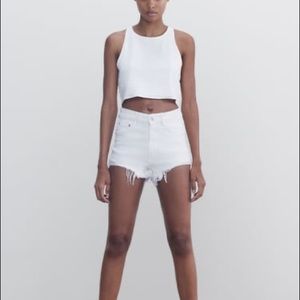 Zara white high rise frayed denim shorts